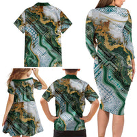 Polynesian Tribal Tattoo Family Matching Long Sleeve Bodycon Dress and Hawaiian Shirt Green Marble Pattern LT9 - Polynesian Pride