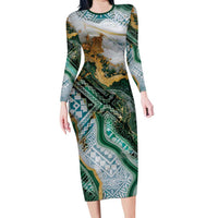 Polynesian Tribal Tattoo Family Matching Long Sleeve Bodycon Dress and Hawaiian Shirt Green Marble Pattern LT9 Mom's Dress Green - Polynesian Pride