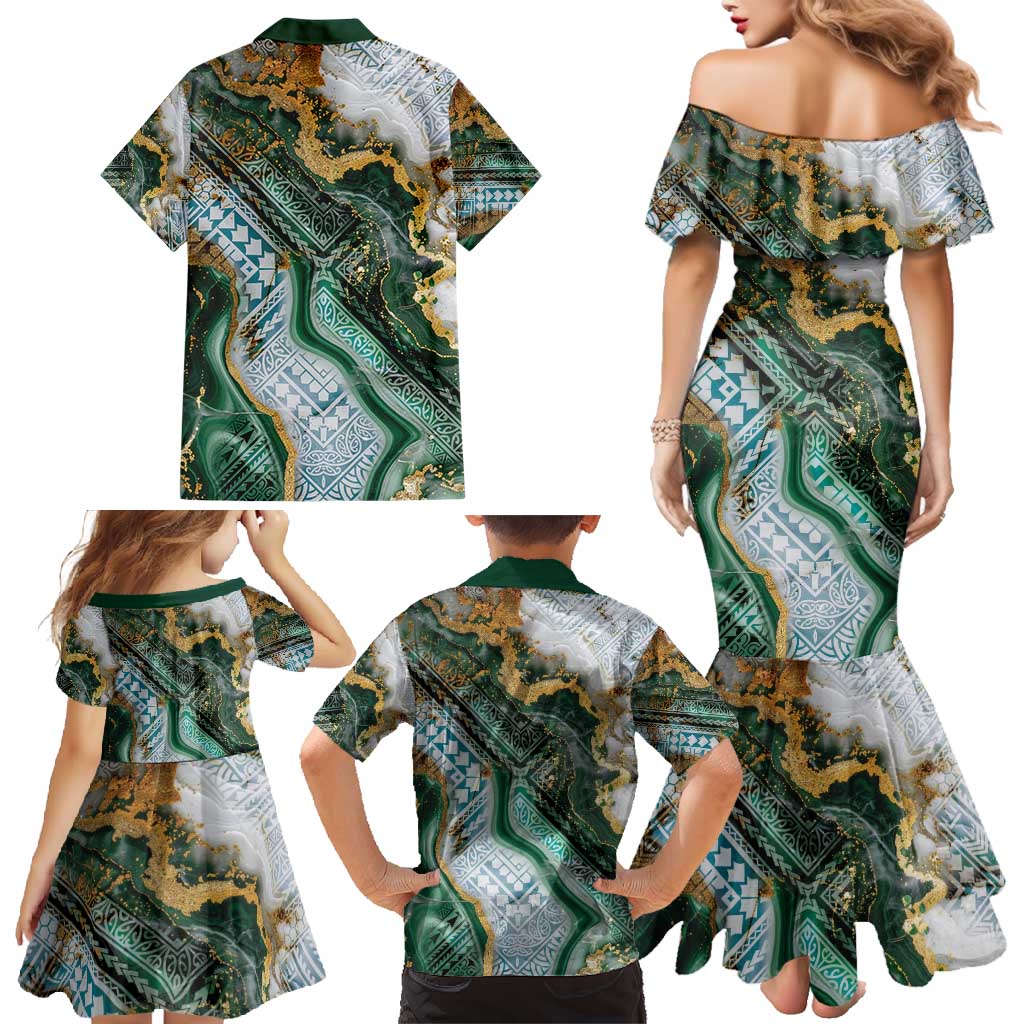 Polynesian Tribal Tattoo Family Matching Mermaid Dress and Hawaiian Shirt Green Marble Pattern LT9 - Polynesian Pride