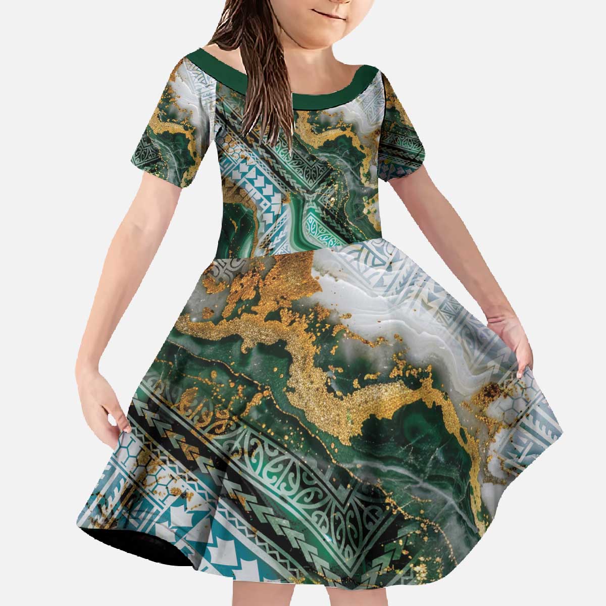 Polynesian Tribal Tattoo Family Matching Off The Shoulder Long Sleeve Dress and Hawaiian Shirt Green Marble Pattern LT9 - Polynesian Pride