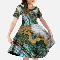 Polynesian Tribal Tattoo Family Matching Off The Shoulder Long Sleeve Dress and Hawaiian Shirt Green Marble Pattern LT9 - Polynesian Pride