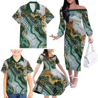 Polynesian Tribal Tattoo Family Matching Off The Shoulder Long Sleeve Dress and Hawaiian Shirt Green Marble Pattern LT9 Green - Polynesian Pride