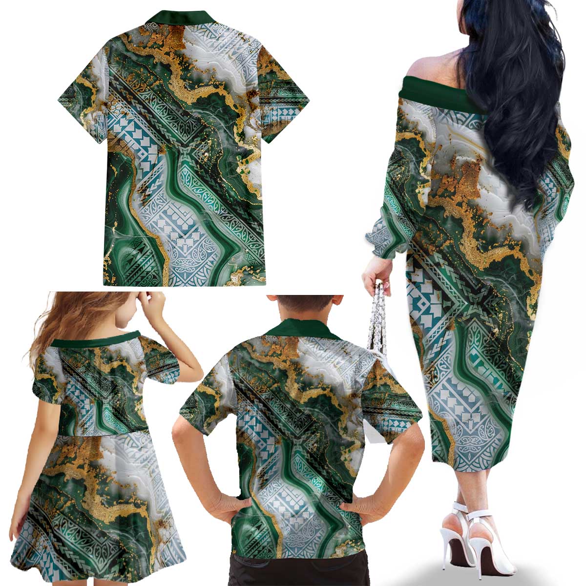 Polynesian Tribal Tattoo Family Matching Off The Shoulder Long Sleeve Dress and Hawaiian Shirt Green Marble Pattern LT9 - Polynesian Pride