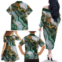 Polynesian Tribal Tattoo Family Matching Off The Shoulder Long Sleeve Dress and Hawaiian Shirt Green Marble Pattern LT9 - Polynesian Pride