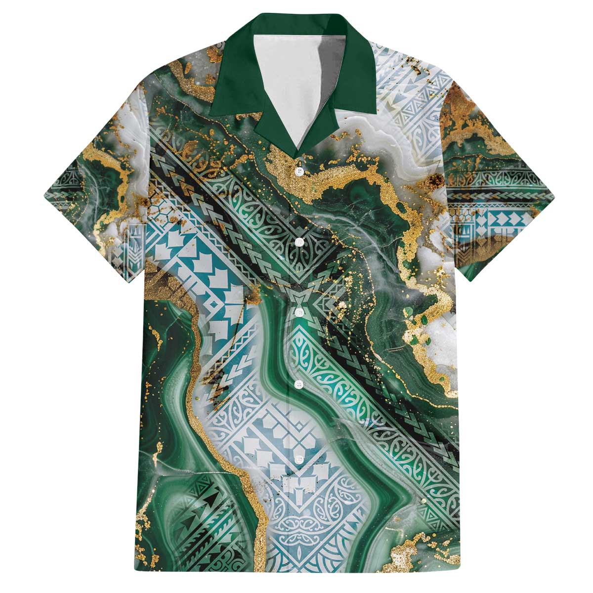 Polynesian Tribal Tattoo Family Matching Off The Shoulder Long Sleeve Dress and Hawaiian Shirt Green Marble Pattern LT9 - Polynesian Pride