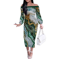Polynesian Tribal Tattoo Family Matching Off The Shoulder Long Sleeve Dress and Hawaiian Shirt Green Marble Pattern LT9 - Polynesian Pride