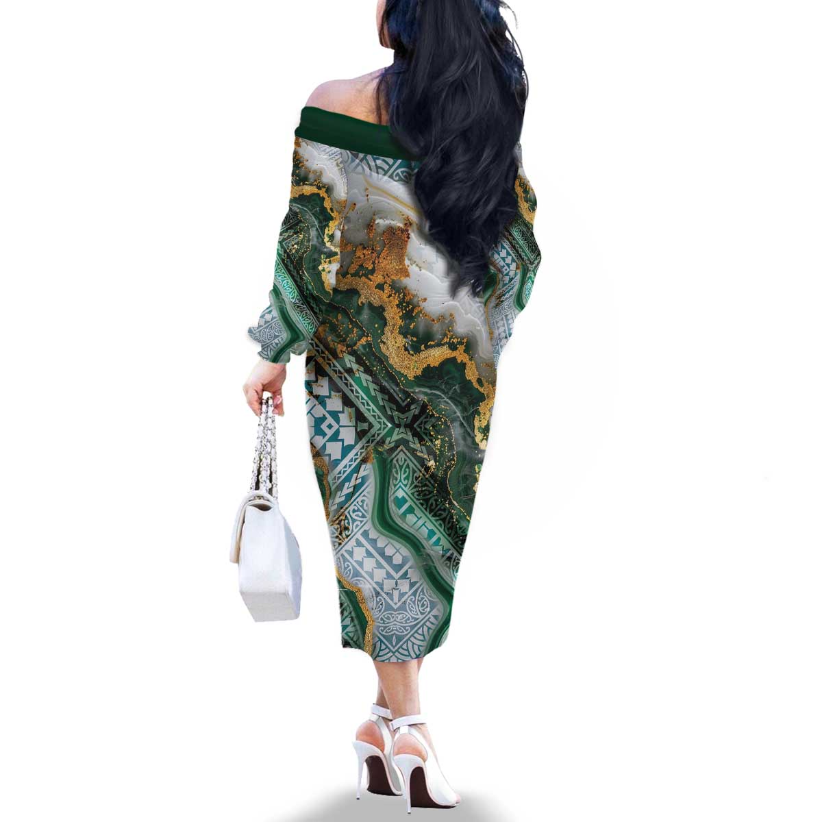 Polynesian Tribal Tattoo Family Matching Off The Shoulder Long Sleeve Dress and Hawaiian Shirt Green Marble Pattern LT9 - Polynesian Pride