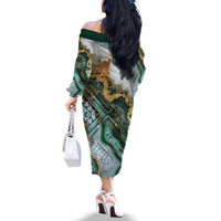 Polynesian Tribal Tattoo Family Matching Off The Shoulder Long Sleeve Dress and Hawaiian Shirt Green Marble Pattern LT9 - Polynesian Pride