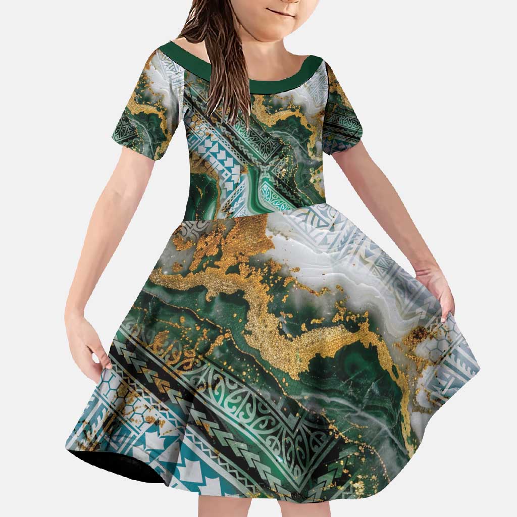 Polynesian Tribal Tattoo Family Matching Off Shoulder Maxi Dress and Hawaiian Shirt Green Marble Pattern LT9 Daughter's Dress Green - Polynesian Pride