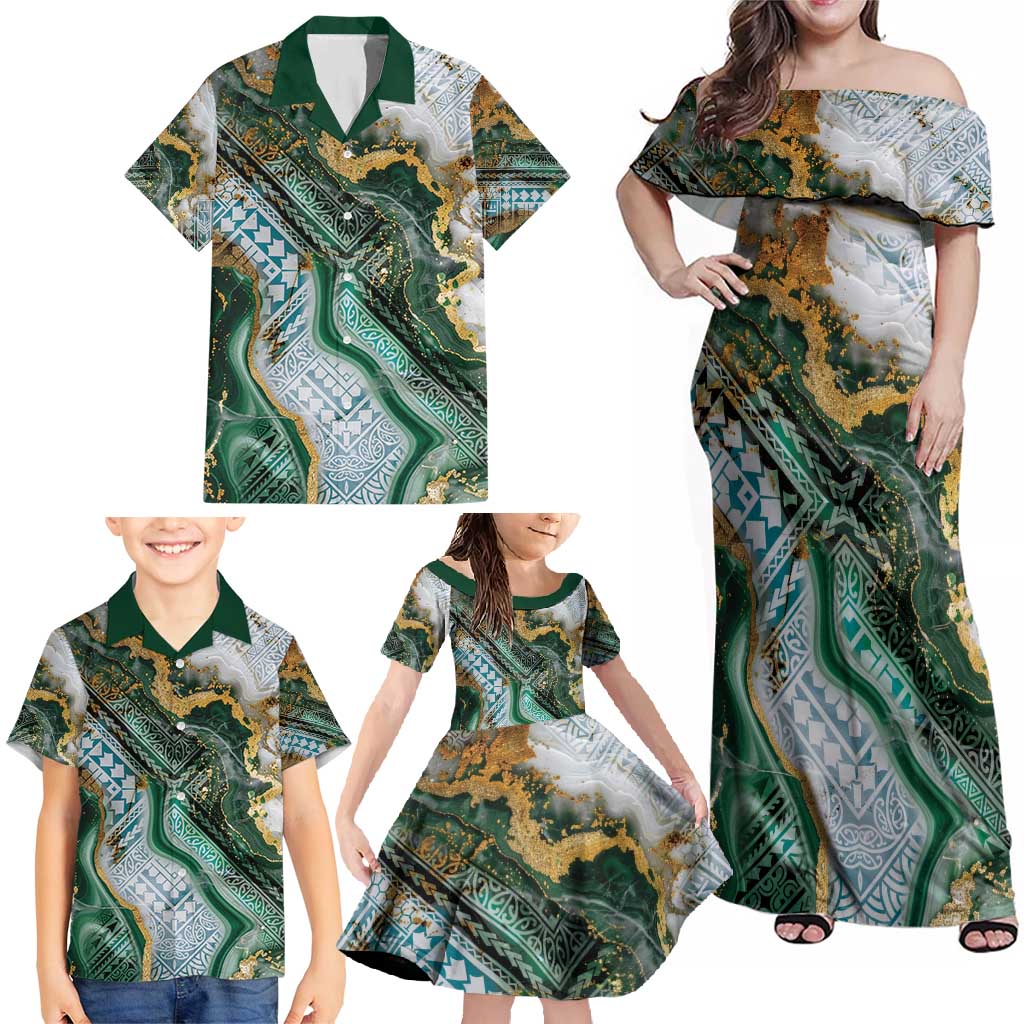 Polynesian Tribal Tattoo Family Matching Off Shoulder Maxi Dress and Hawaiian Shirt Green Marble Pattern LT9 - Polynesian Pride