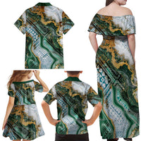 Polynesian Tribal Tattoo Family Matching Off Shoulder Maxi Dress and Hawaiian Shirt Green Marble Pattern LT9 - Polynesian Pride