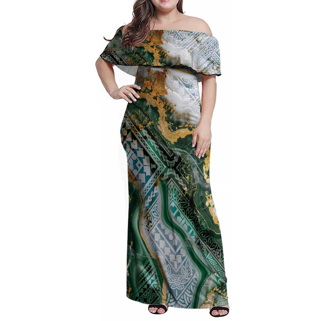 Polynesian Tribal Tattoo Family Matching Off Shoulder Maxi Dress and Hawaiian Shirt Green Marble Pattern LT9 Mom's Dress Green - Polynesian Pride
