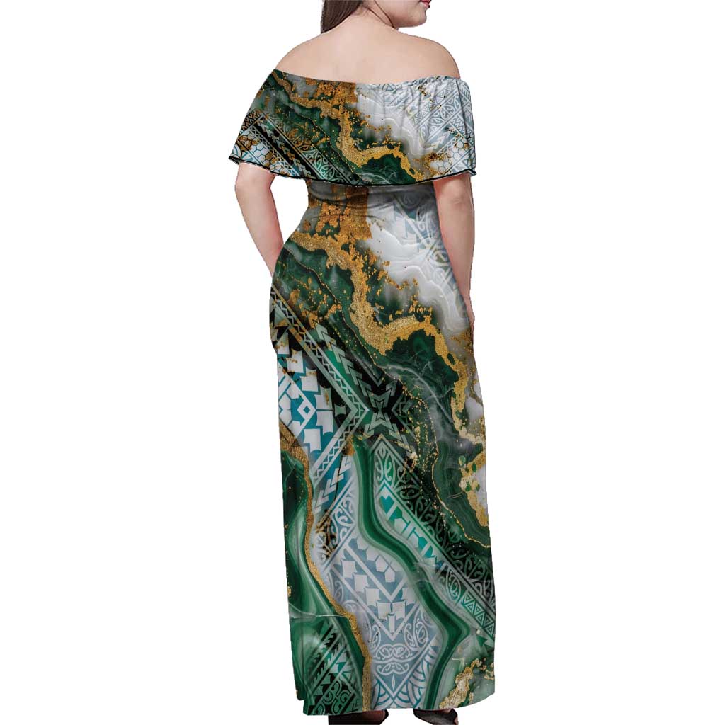 Polynesian Tribal Tattoo Family Matching Off Shoulder Maxi Dress and Hawaiian Shirt Green Marble Pattern LT9 - Polynesian Pride