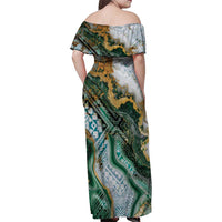 Polynesian Tribal Tattoo Family Matching Off Shoulder Maxi Dress and Hawaiian Shirt Green Marble Pattern LT9 - Polynesian Pride