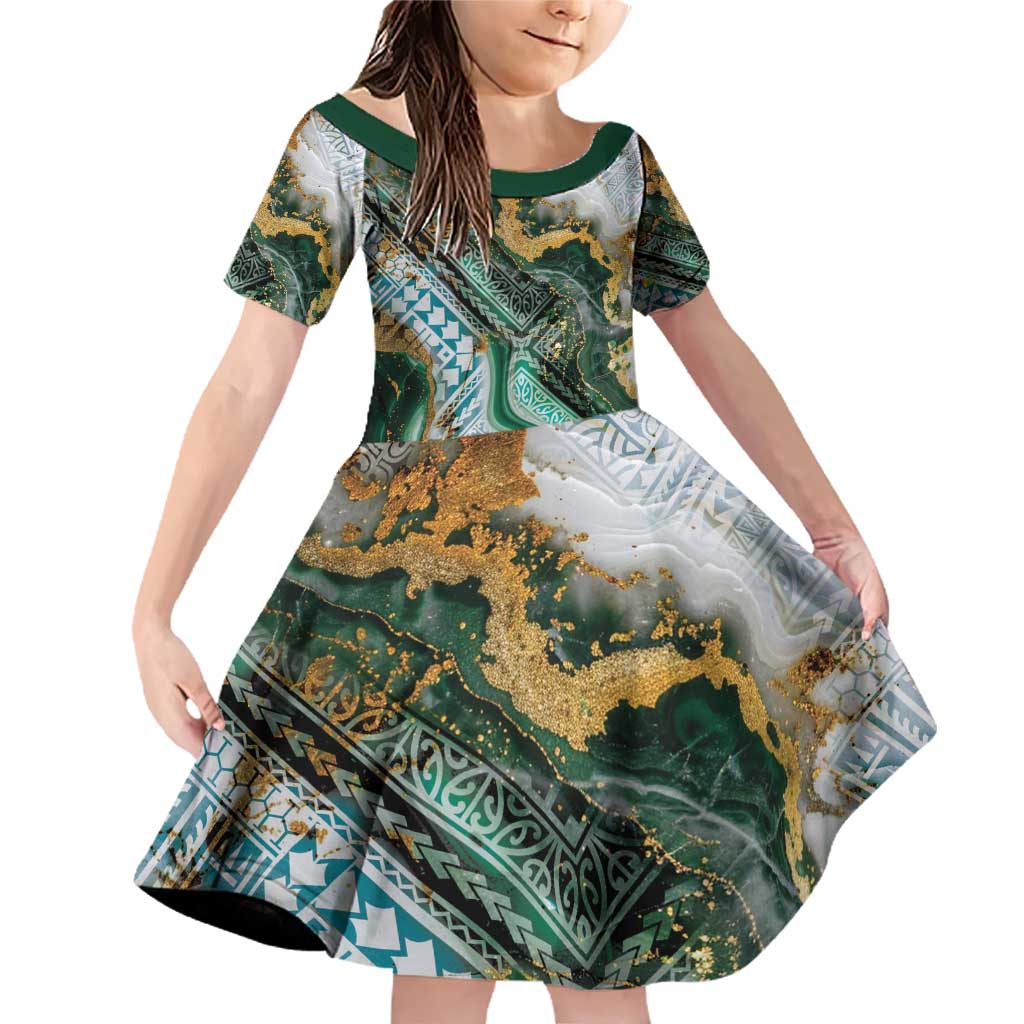 Polynesian Tribal Tattoo Family Matching Off Shoulder Short Dress and Hawaiian Shirt Green Marble Pattern LT9 Daughter's Dress Green - Polynesian Pride