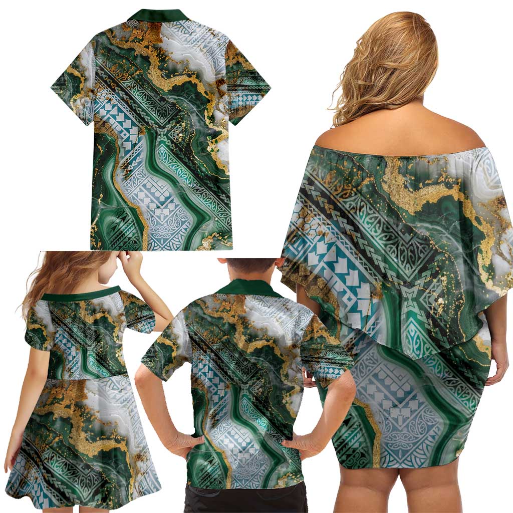 Polynesian Tribal Tattoo Family Matching Off Shoulder Short Dress and Hawaiian Shirt Green Marble Pattern LT9 - Polynesian Pride