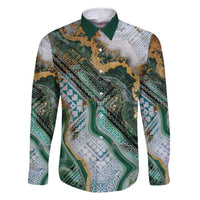 Polynesian Tribal Tattoo Family Matching Off Shoulder Short Dress and Hawaiian Shirt Green Marble Pattern LT9 Dad's Shirt - Long Sleeve Green - Polynesian Pride