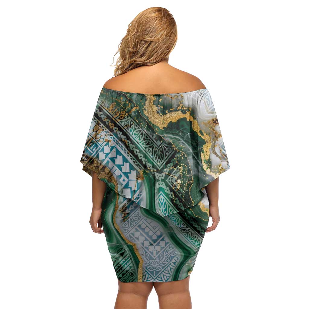 Polynesian Tribal Tattoo Family Matching Off Shoulder Short Dress and Hawaiian Shirt Green Marble Pattern LT9 - Polynesian Pride