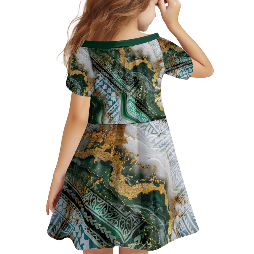 Polynesian Tribal Tattoo Family Matching Puletasi and Hawaiian Shirt Green Marble Pattern