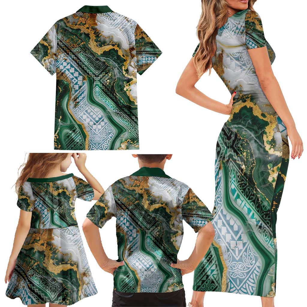 Polynesian Tribal Tattoo Family Matching Short Sleeve Bodycon Dress and Hawaiian Shirt Green Marble Pattern LT9 - Polynesian Pride