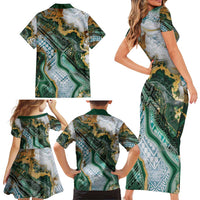 Polynesian Tribal Tattoo Family Matching Short Sleeve Bodycon Dress and Hawaiian Shirt Green Marble Pattern LT9 - Polynesian Pride