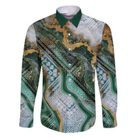 Polynesian Tribal Tattoo Family Matching Short Sleeve Bodycon Dress and Hawaiian Shirt Green Marble Pattern LT9 Dad's Shirt - Long Sleeve Green - Polynesian Pride