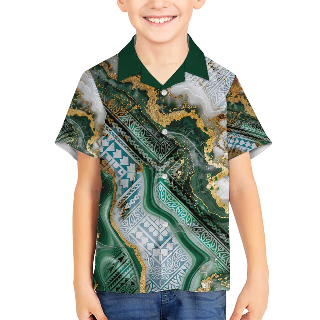 Polynesian Tribal Tattoo Family Matching Short Sleeve Bodycon Dress and Hawaiian Shirt Green Marble Pattern LT9 Son's Shirt Green - Polynesian Pride