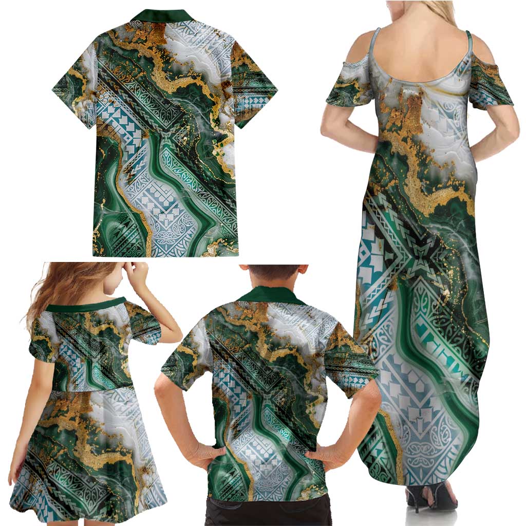 Polynesian Tribal Tattoo Family Matching Summer Maxi Dress and Hawaiian Shirt Green Marble Pattern LT9 - Polynesian Pride