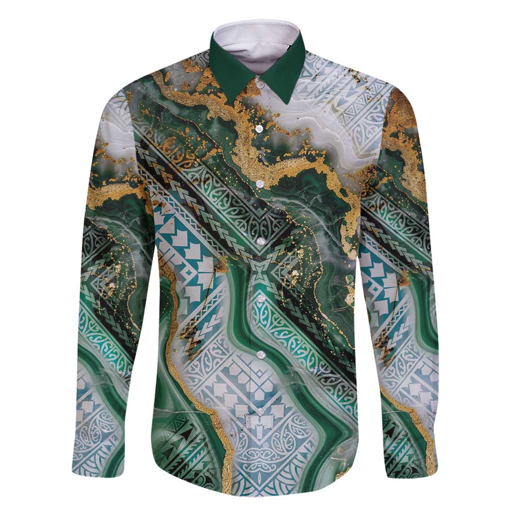 Polynesian Tribal Tattoo Family Matching Tank Maxi Dress and Hawaiian Shirt Green Marble Pattern LT9 Dad's Shirt - Long Sleeve Green - Polynesian Pride