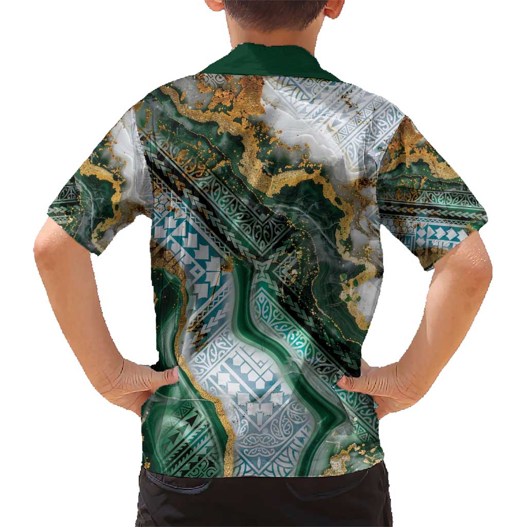 Polynesian Tribal Tattoo Kid Hawaiian Shirt Green Marble Pattern