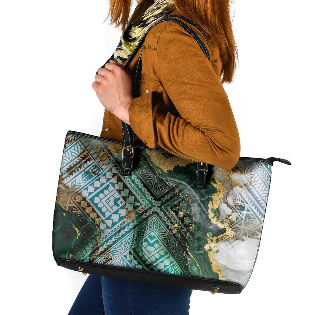 Polynesian Tribal Tattoo Leather Tote Bag Green Marble Pattern LT9 Green - Polynesian Pride