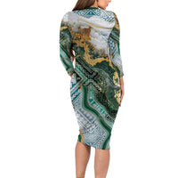 Polynesian Tribal Tattoo Long Sleeve Bodycon Dress Green Marble Pattern