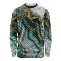 Polynesian Tribal Tattoo Long Sleeve Shirt Green Marble Pattern