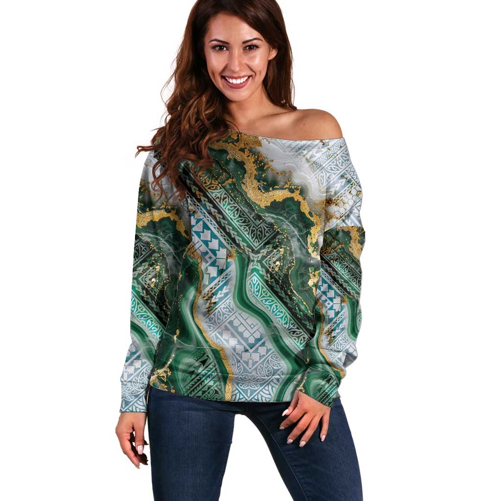 Polynesian Tribal Tattoo Off Shoulder Sweater Green Marble Pattern LT9 Women Green - Polynesian Pride