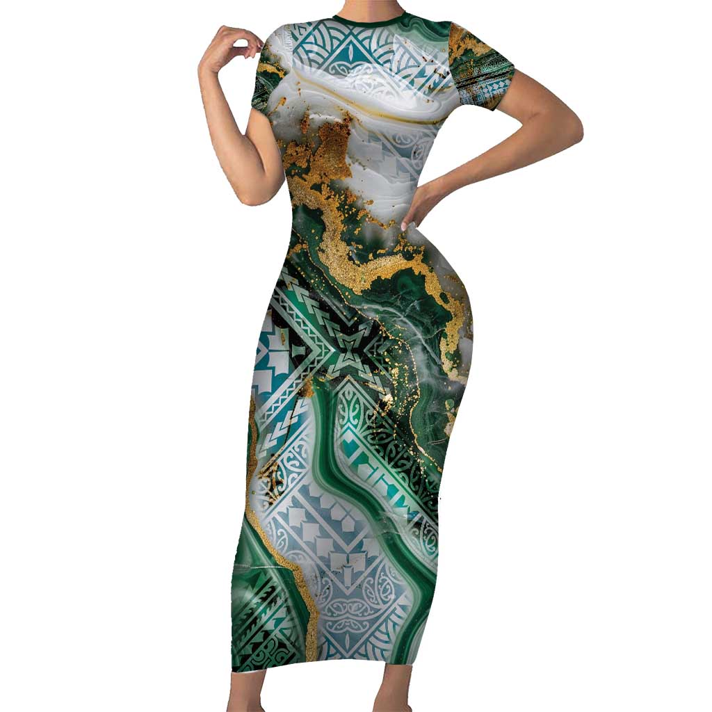 Polynesian Tribal Tattoo Short Sleeve Bodycon Dress Green Marble Pattern LT9 Long Dress Green - Polynesian Pride
