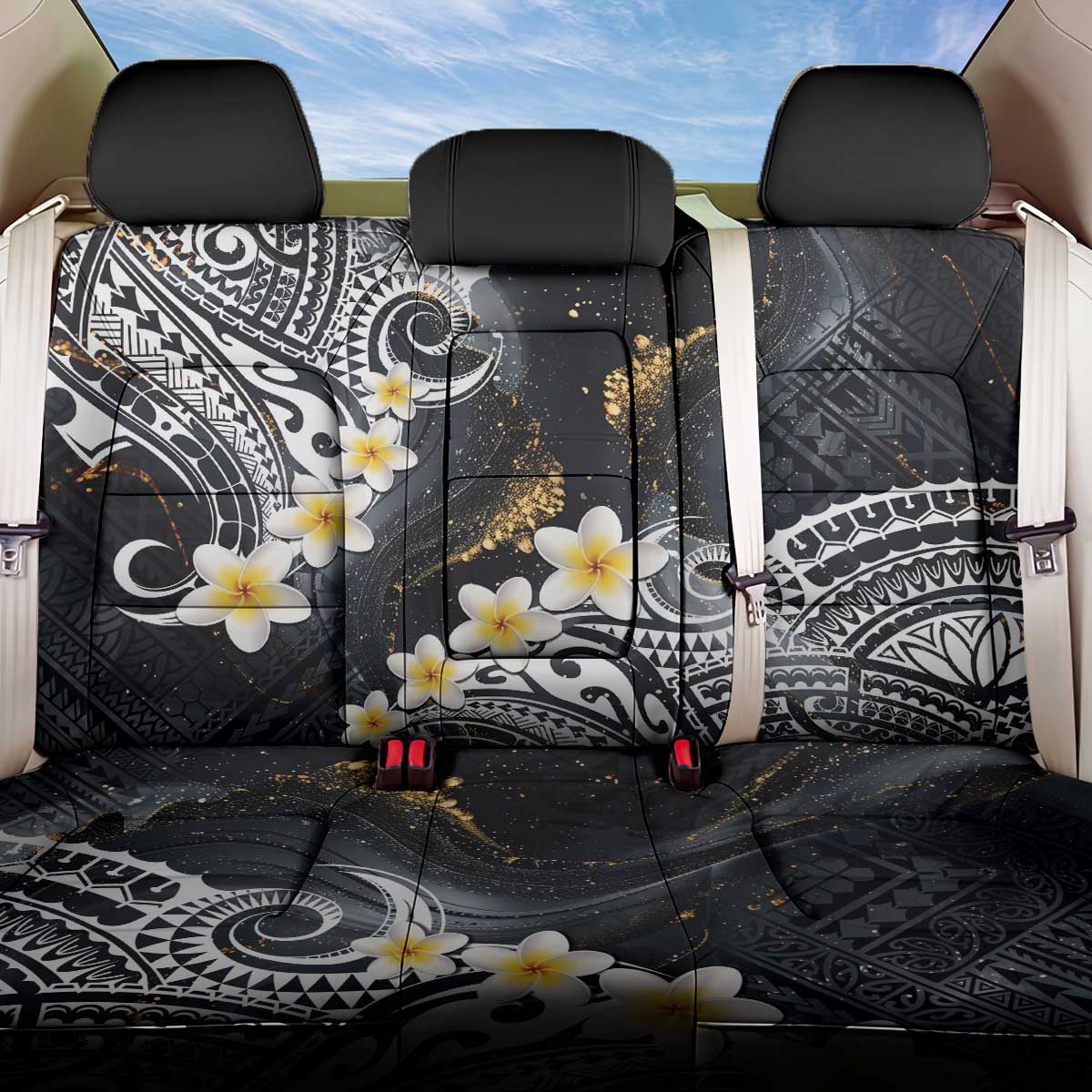 Polynesian Tribal Tattoo Back Car Seat Cover Plumeria Black Gold Marble Pattern LT9 One Size Black - Polynesian Pride