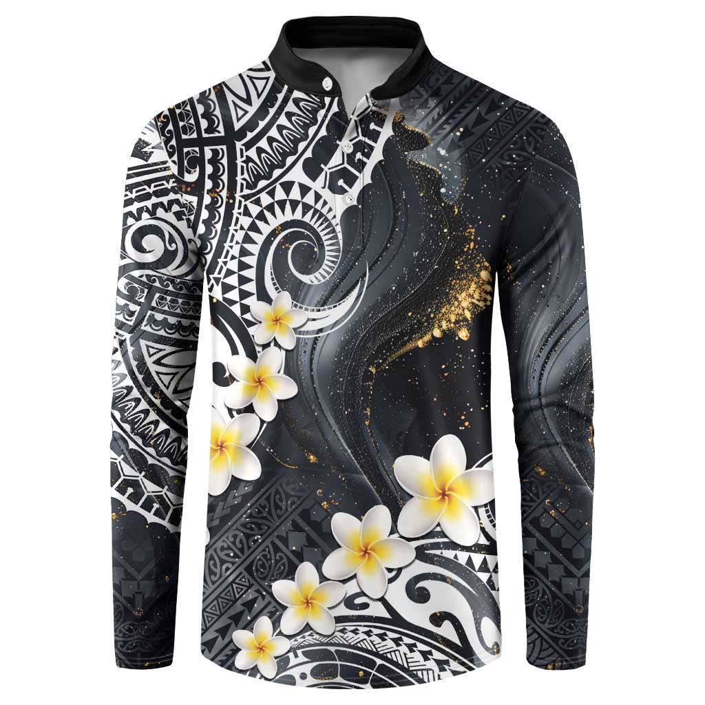 Polynesian Tribal Tattoo Button Sweatshirt Plumeria Black Gold Marble Pattern