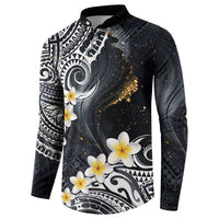 Polynesian Tribal Tattoo Button Sweatshirt Plumeria Black Gold Marble Pattern