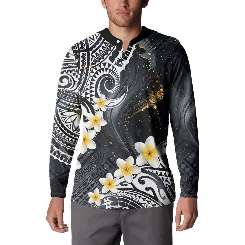 Polynesian Tribal Tattoo Button Sweatshirt Plumeria Black Gold Marble Pattern