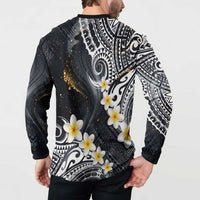 Polynesian Tribal Tattoo Button Sweatshirt Plumeria Black Gold Marble Pattern