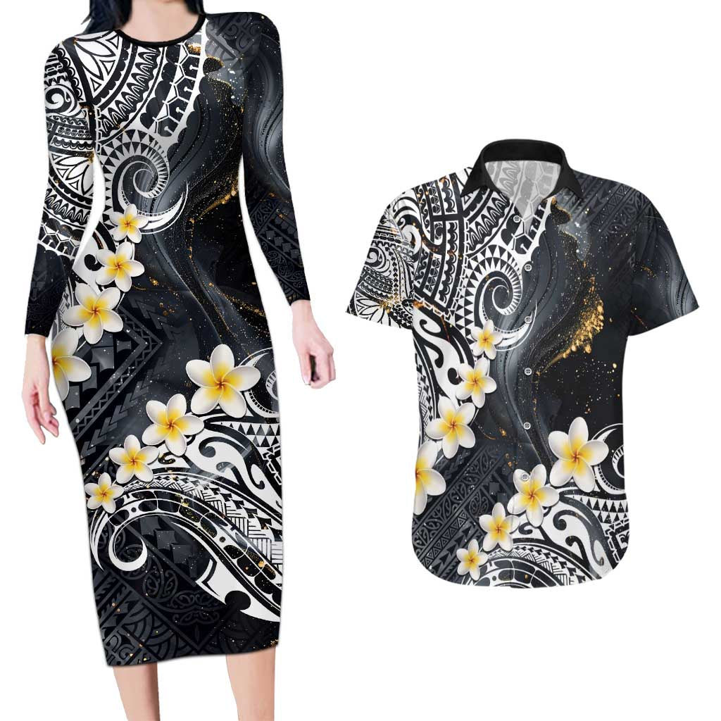 Polynesian Tribal Tattoo Couples Matching Long Sleeve Bodycon Dress and Hawaiian Shirt Plumeria Black Gold Marble Pattern LT9 Black - Polynesian Pride