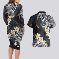 Polynesian Tribal Tattoo Couples Matching Long Sleeve Bodycon Dress and Hawaiian Shirt Plumeria Black Gold Marble Pattern LT9 - Polynesian Pride