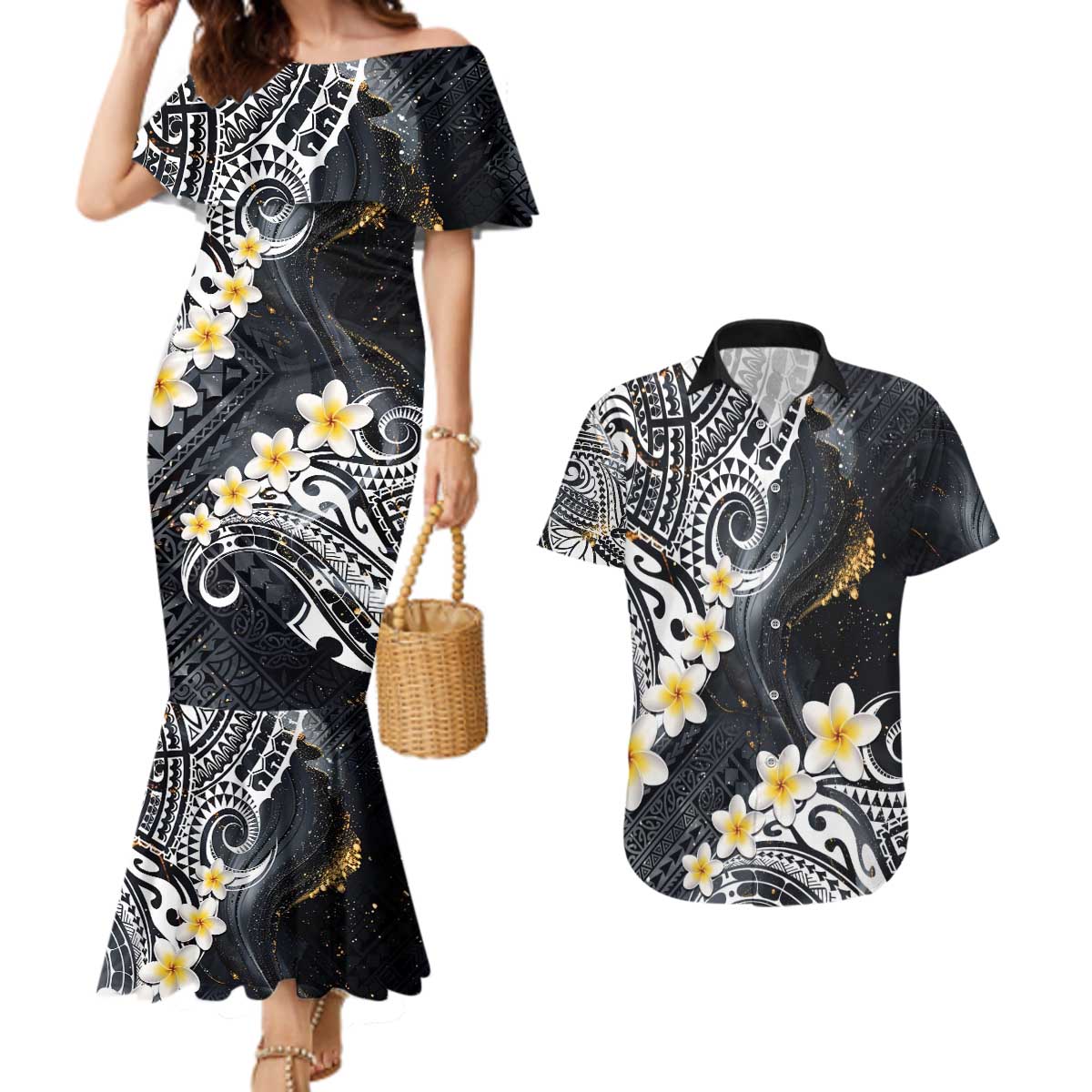 Polynesian Tribal Tattoo Couples Matching Mermaid Dress and Hawaiian Shirt Plumeria Black Gold Marble Pattern LT9 Black - Polynesian Pride