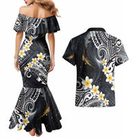 Polynesian Tribal Tattoo Couples Matching Mermaid Dress and Hawaiian Shirt Plumeria Black Gold Marble Pattern LT9 - Polynesian Pride