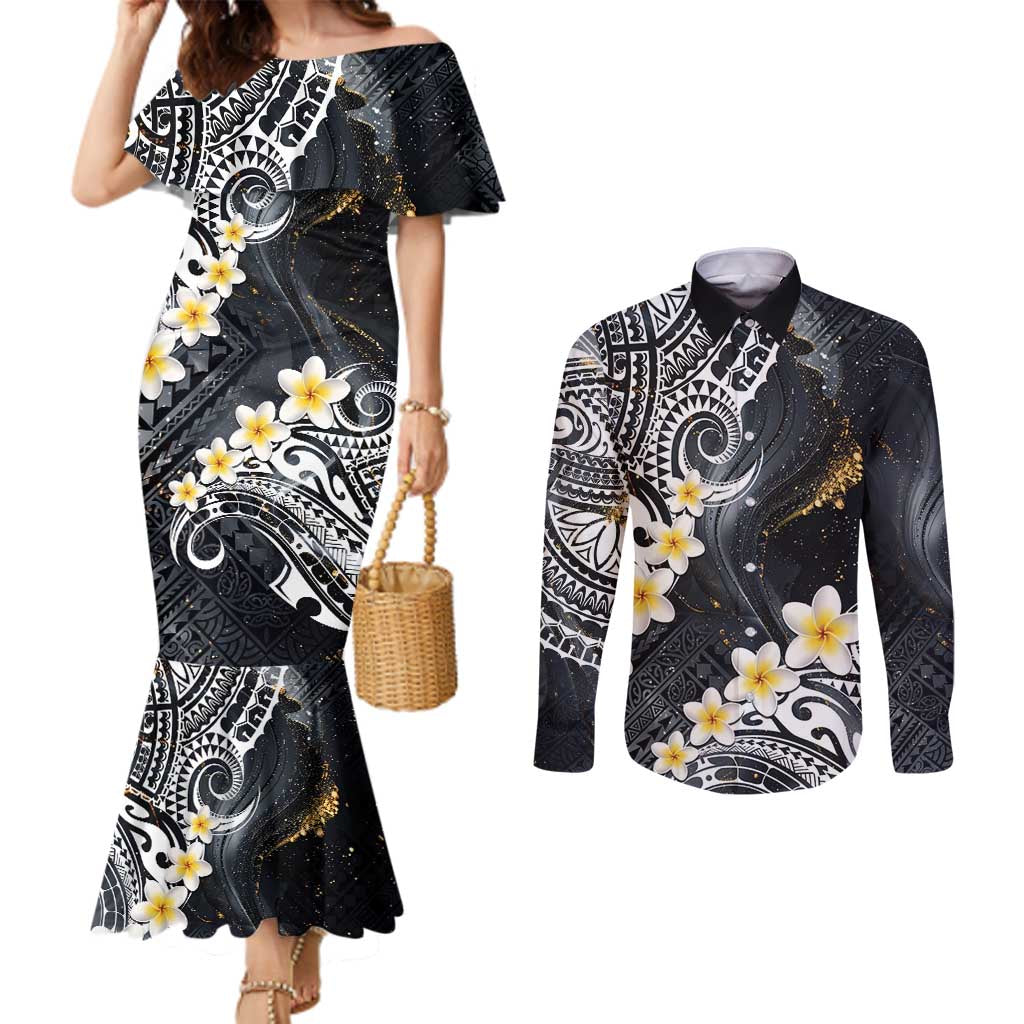 Polynesian Tribal Tattoo Couples Matching Mermaid Dress and Long Sleeve Button Shirt Plumeria Black Gold Marble Pattern LT9 Black - Polynesian Pride