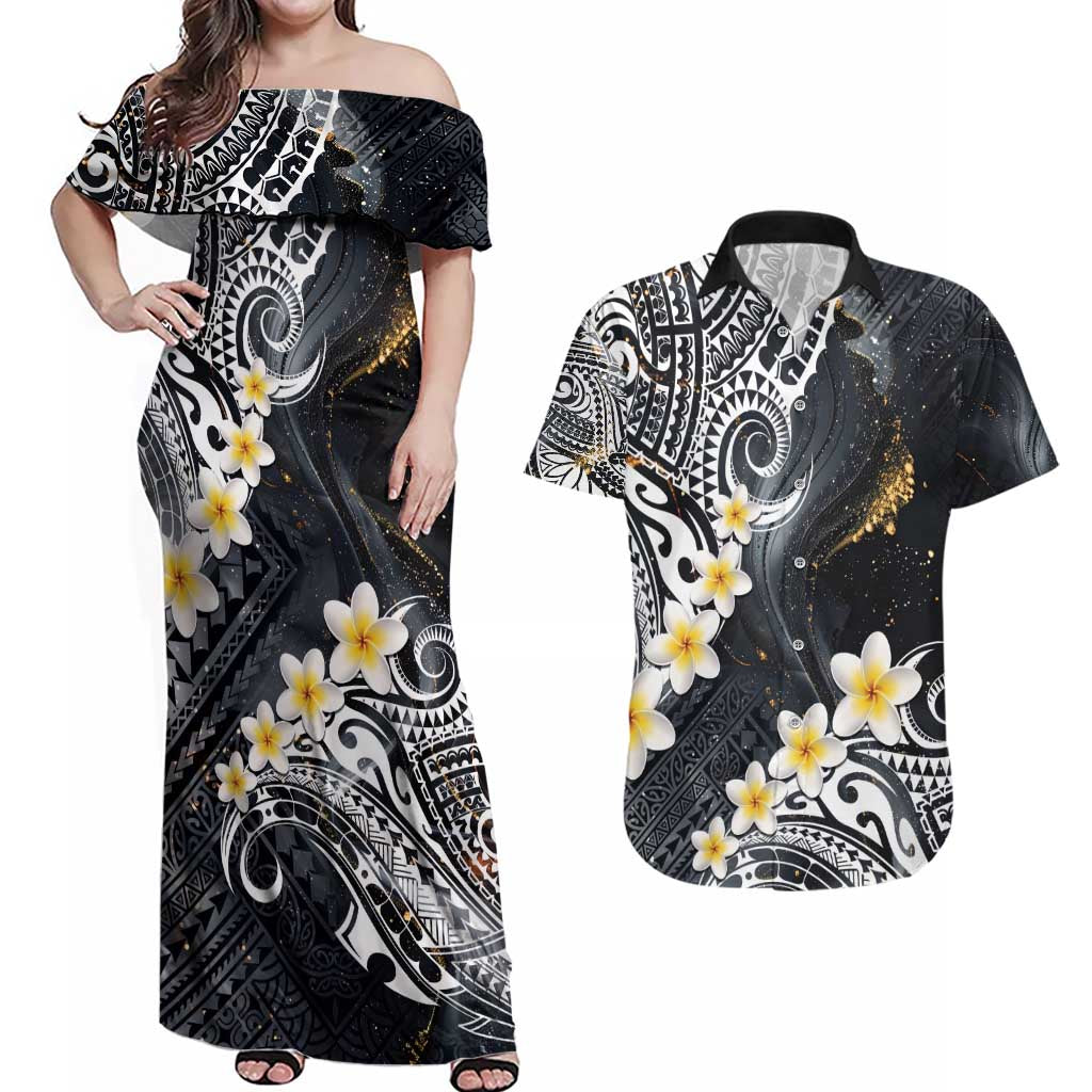 Polynesian Tribal Tattoo Couples Matching Off Shoulder Maxi Dress and Hawaiian Shirt Plumeria Black Gold Marble Pattern LT9 Black - Polynesian Pride