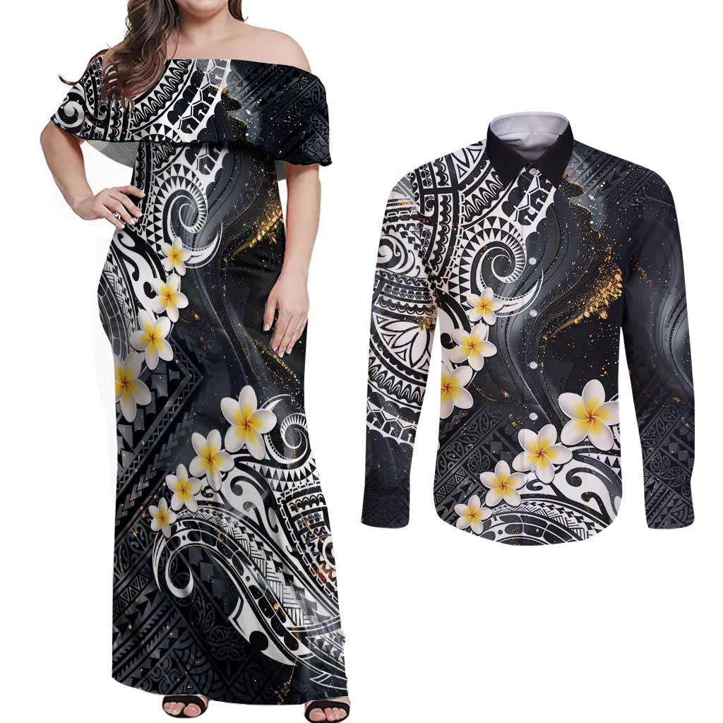 Polynesian Tribal Tattoo Couples Matching Off Shoulder Maxi Dress and Long Sleeve Button Shirt Plumeria Black Gold Marble Pattern LT9 Black - Polynesian Pride