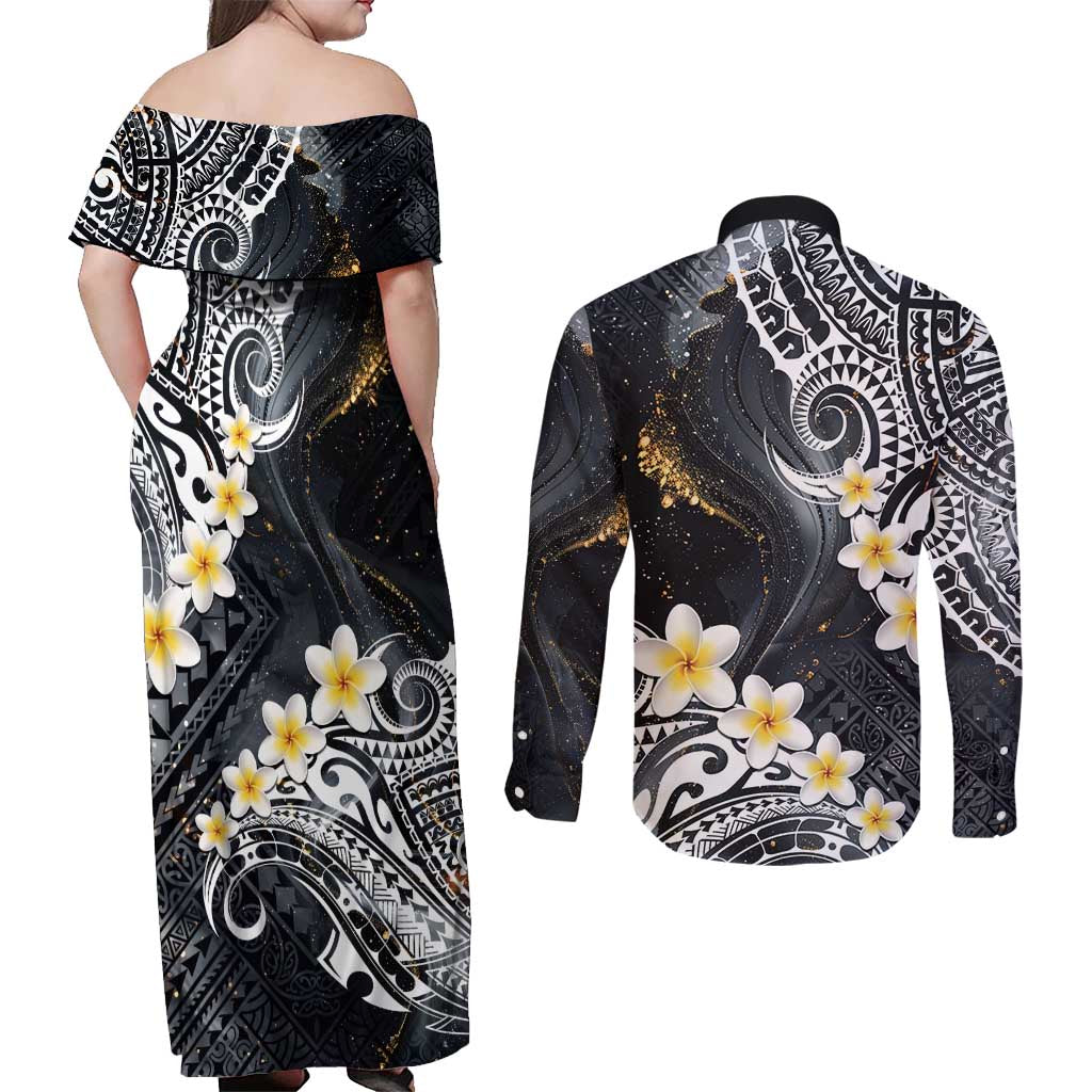 Polynesian Tribal Tattoo Couples Matching Off Shoulder Maxi Dress and Long Sleeve Button Shirt Plumeria Black Gold Marble Pattern