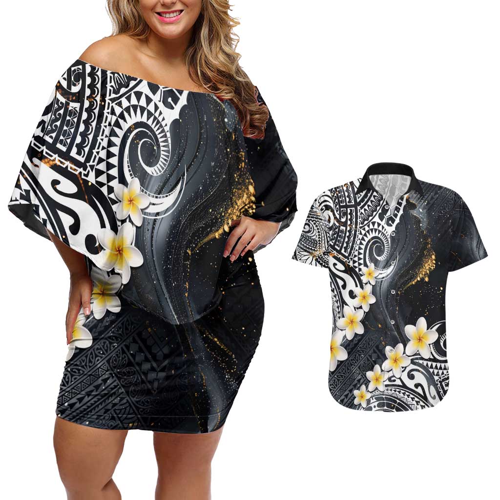Polynesian Tribal Tattoo Couples Matching Off Shoulder Short Dress and Hawaiian Shirt Plumeria Black Gold Marble Pattern LT9 Black - Polynesian Pride