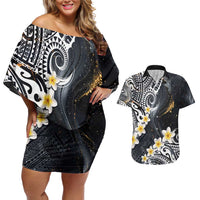 Polynesian Tribal Tattoo Couples Matching Off Shoulder Short Dress and Hawaiian Shirt Plumeria Black Gold Marble Pattern LT9 Black - Polynesian Pride